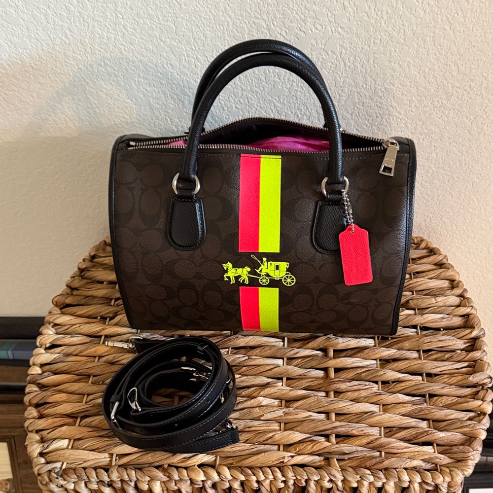 Coach Dark Brown Signature Satchel with Neon Pink and Neon Yellow Stripes